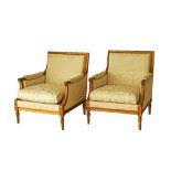 Cypriot, Pambos Savvides pair of carved walnut Louis XVI style salon armchairs with square backs,