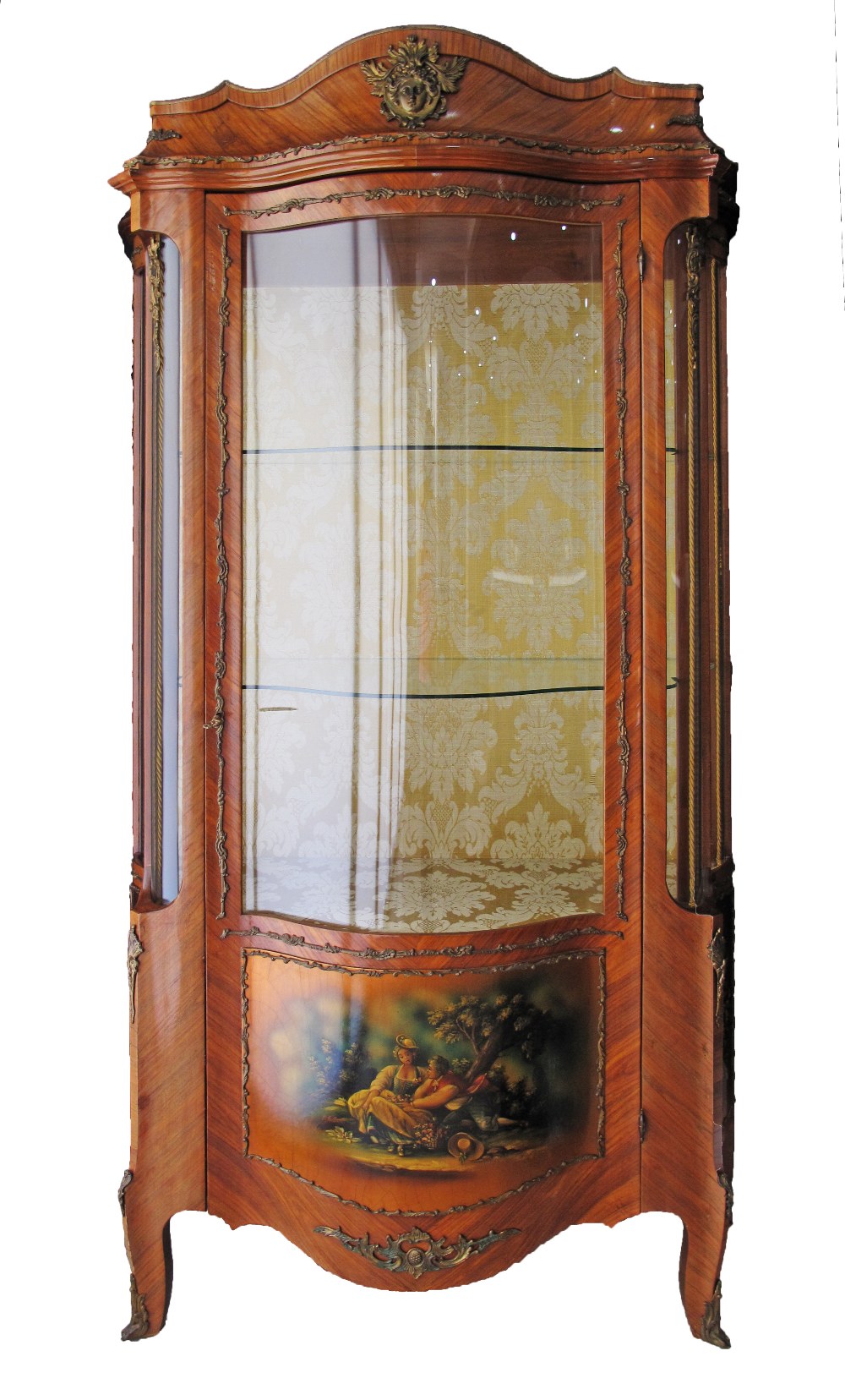 A French Transition style vitrine / display cabinet with curved glass door and sides, painted in the