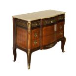 A French Transition style three drawer commode, parquetry veneered and brass mounted, marble top,