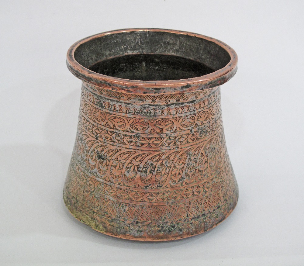 An antique Armenian / Islamic / Ottoman / Turkish copper cauldron engraved allover with geometric