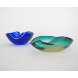 Two vintage Murano c1960s pin bowls in cobalt blue and green colours. W13.5 cm and W15 cm. (2)