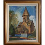 Armenian painter. Church in Armenia, oil on board. The picture 38X28cm, framed 50X41cm.