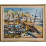 Armenian painter, Harbor with boats, oil on board. The picture 52X67cm, framed 63X78cm.