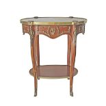 A French Transition style oval two tier marble top side table, one drawer, brass mounted, missing