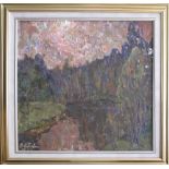 Probably Armenian Impressionist painter. River landscape at dusk, oil on canvas with some flaking of