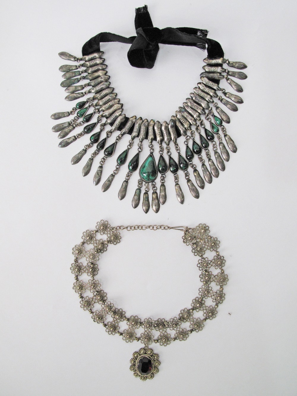 Silver Armenian traditional / ethnic / folk jewelry, one necklace with malachite inset stones hang