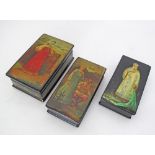 Three Russian hand painted and lacquered boxes with red lacquered interiors. W16.5-16cm (3)