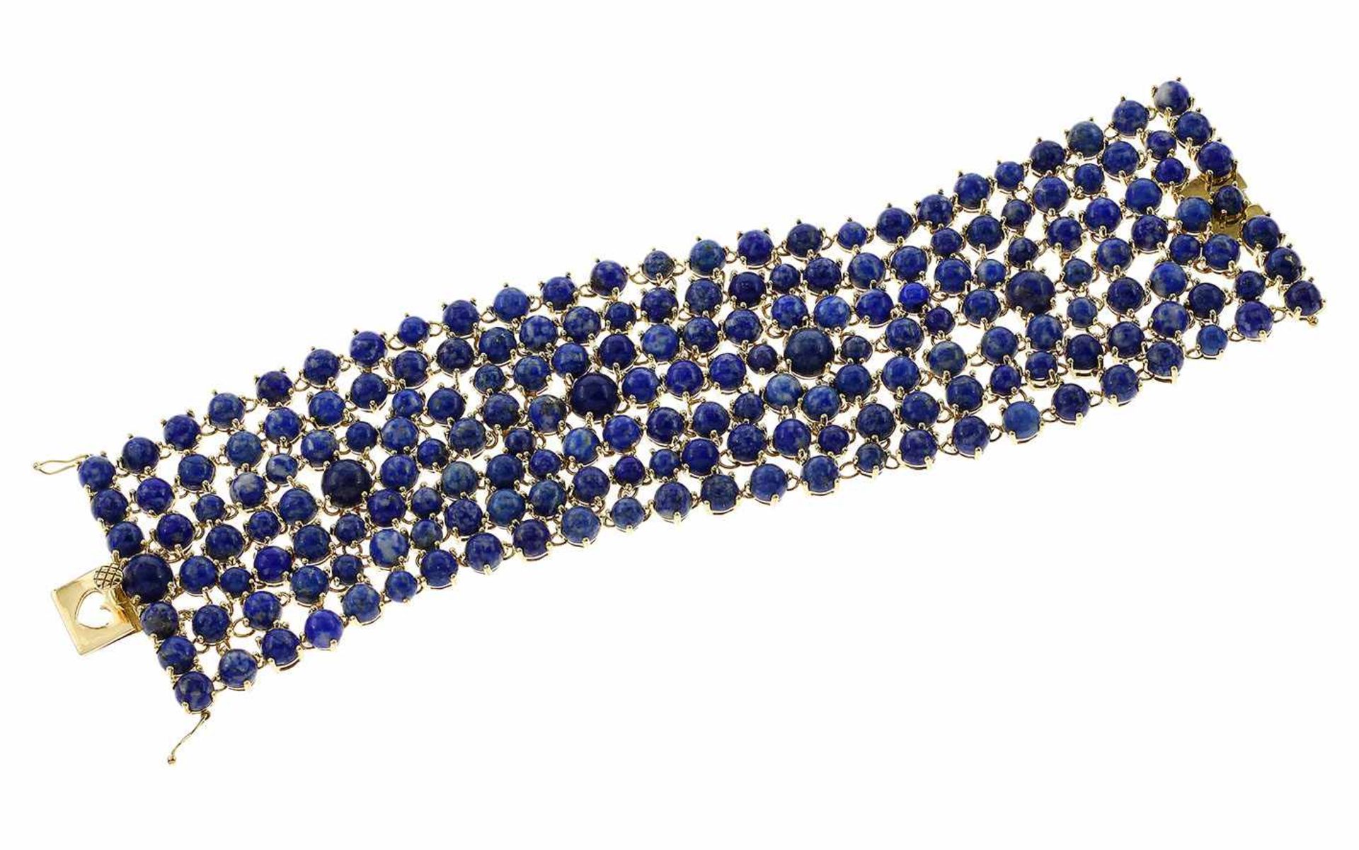 ﻿Armband 750/- Gelbgold 128,82 g mit 191 Lapislazuli zus. ca. 161,39 ct. Länge 19,00 cm Breite 4,