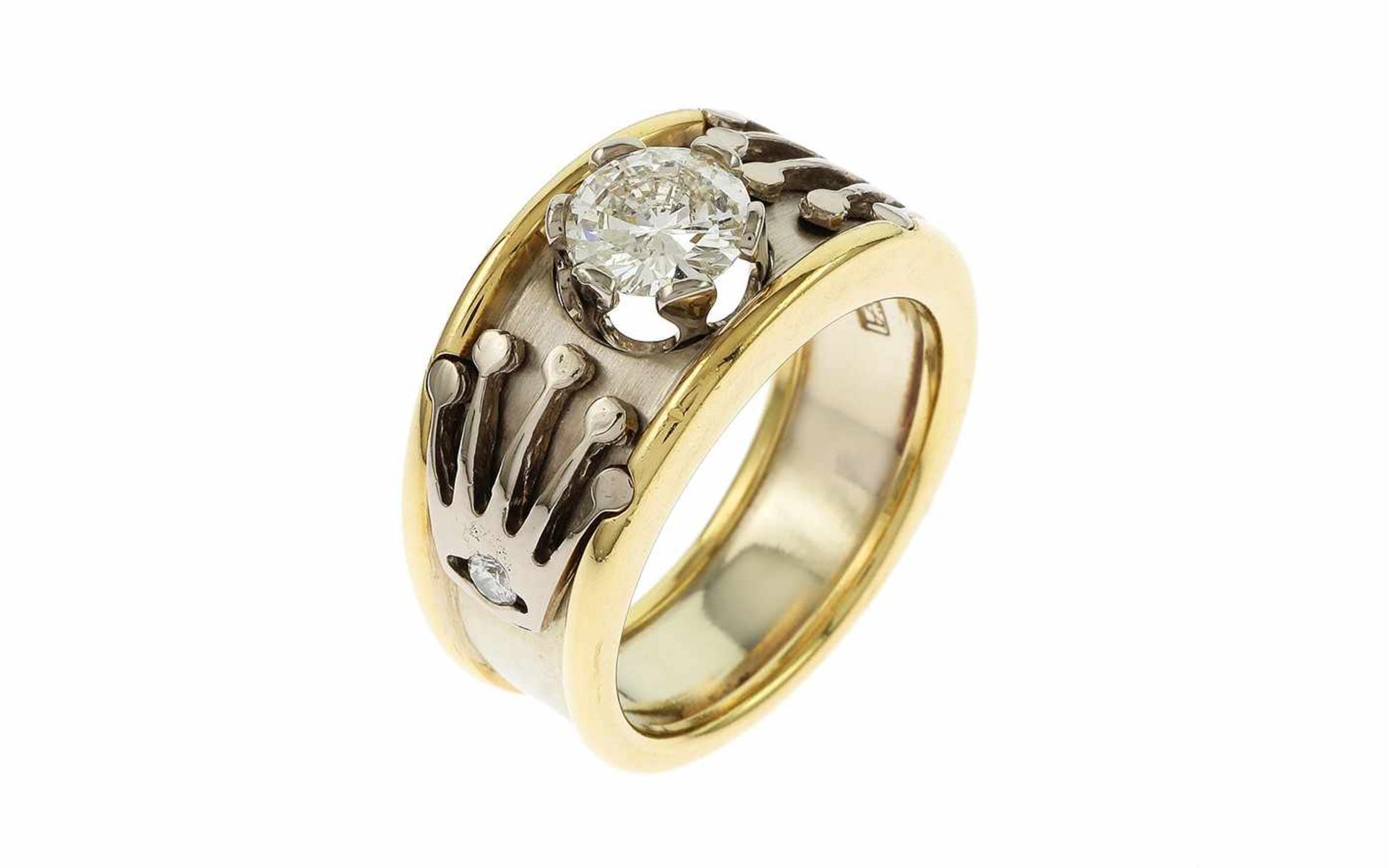 ﻿Ring Hofacker 750/- Gelbgold und Weißgold 15,31 g mit 1 Diamant ca. 1,25 ct G/p3 und 2 Diamanten