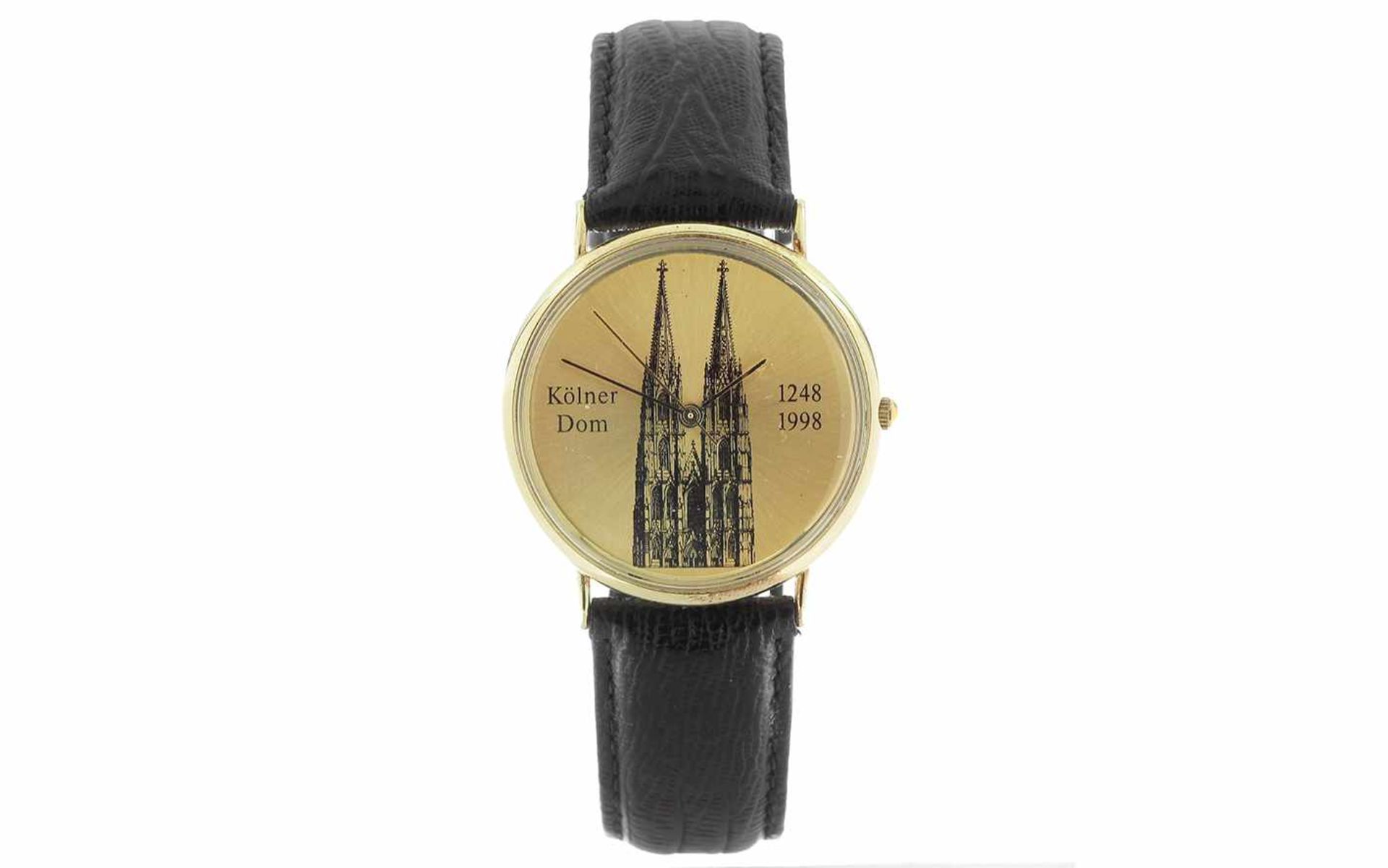 ﻿Golduhr 585/- Gelbgold mit Lederband ( Kölner Dom )