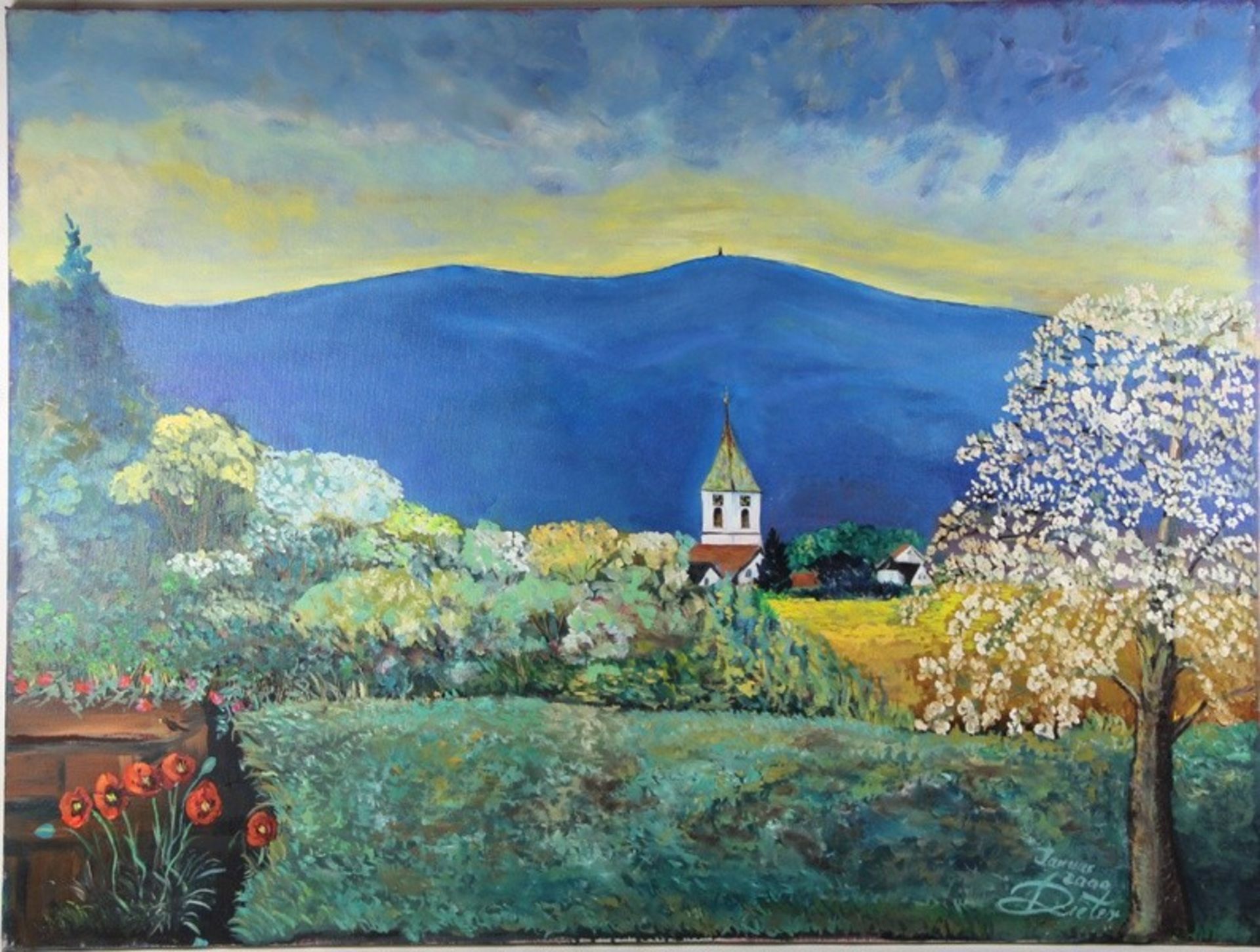 Unbekannter Künstler2007, großformatige Frühlingslandschaft, Blick auf Kirchturm u. Gebäude einer