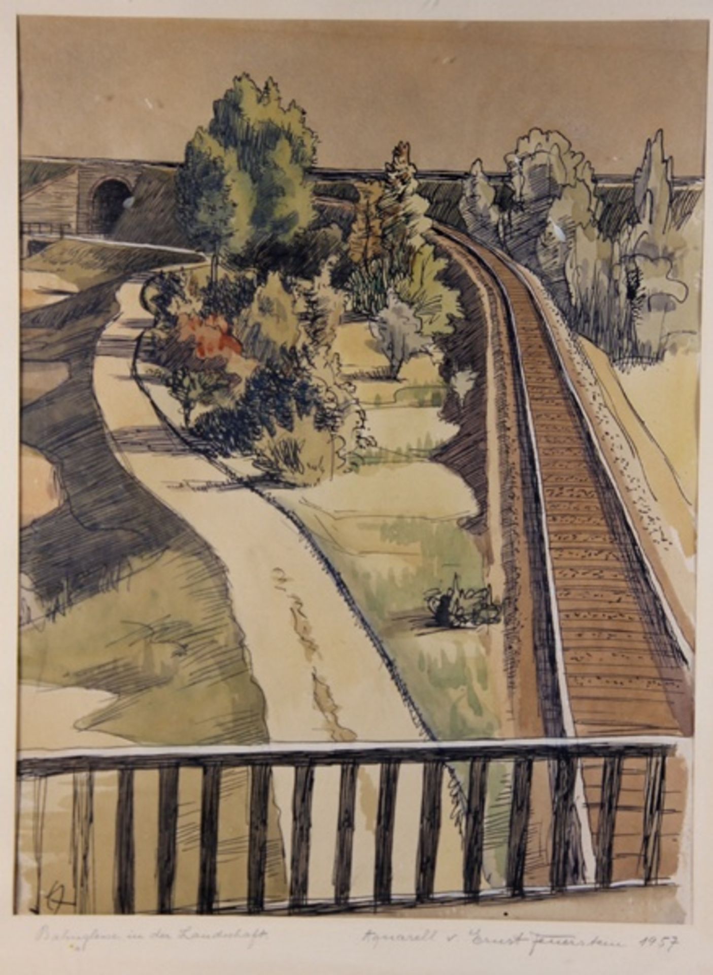 Feuerstein, Ernst1903-1960, Aquarell mit Tuschezeichnung, Bahngleise in der Landschaft, Blick von