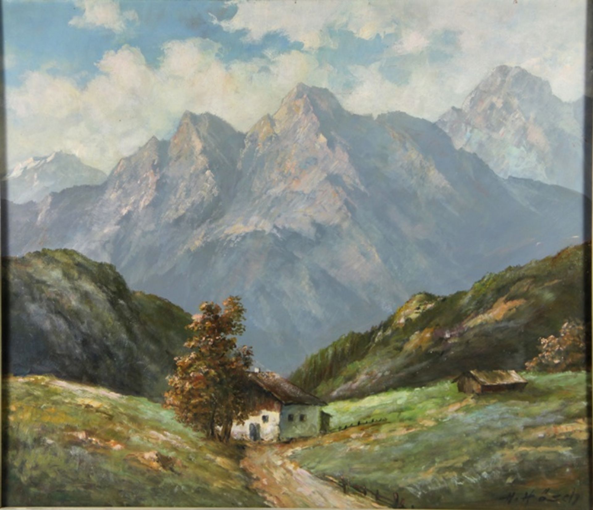 Hösch, Hans1855-1902, Bauernhaus unter Bäumen im Gebirge, Blick auf mächtiges Bergpanorama, unten