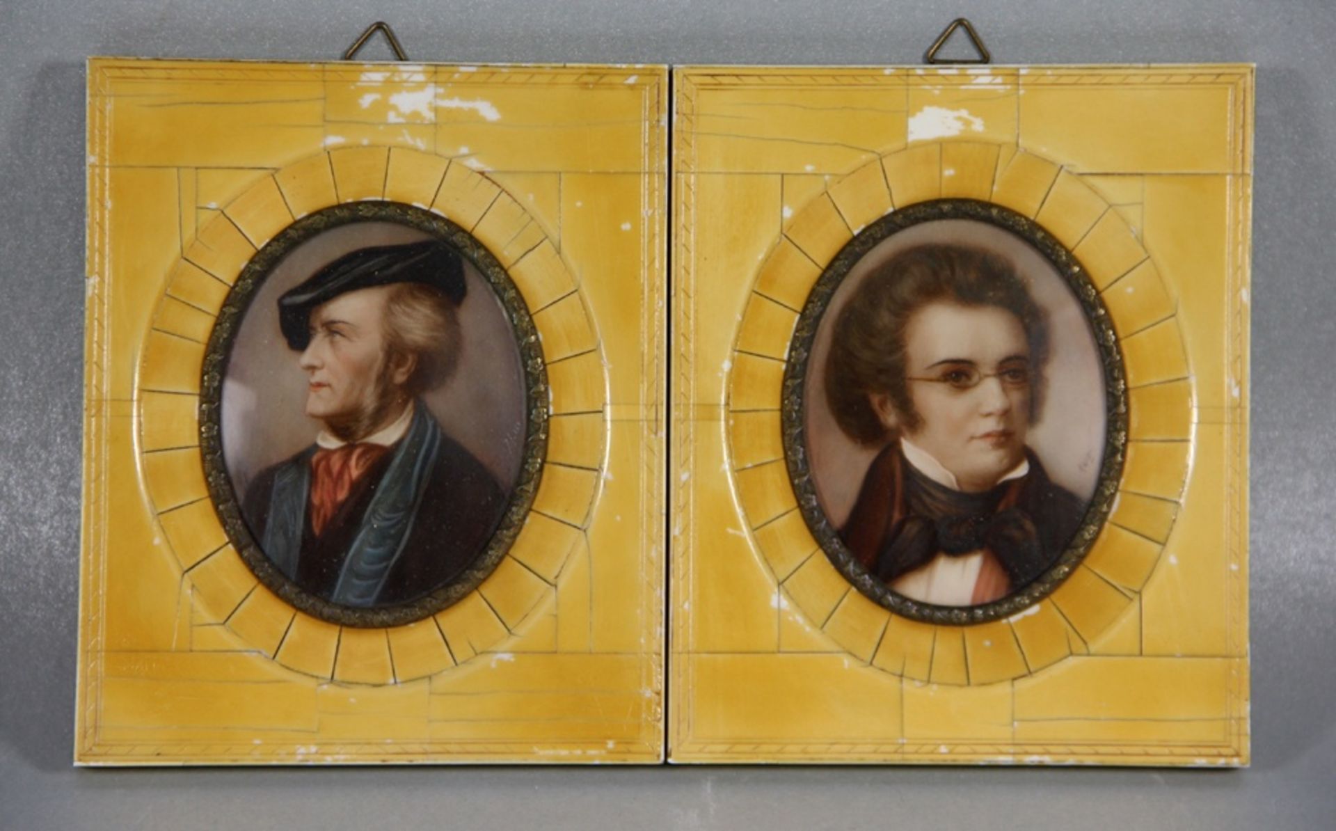 Paar Miniaturenwomöglich mit Elfenbein, Portraits Wagner u. Schubert, Gebr.sp., H. 14