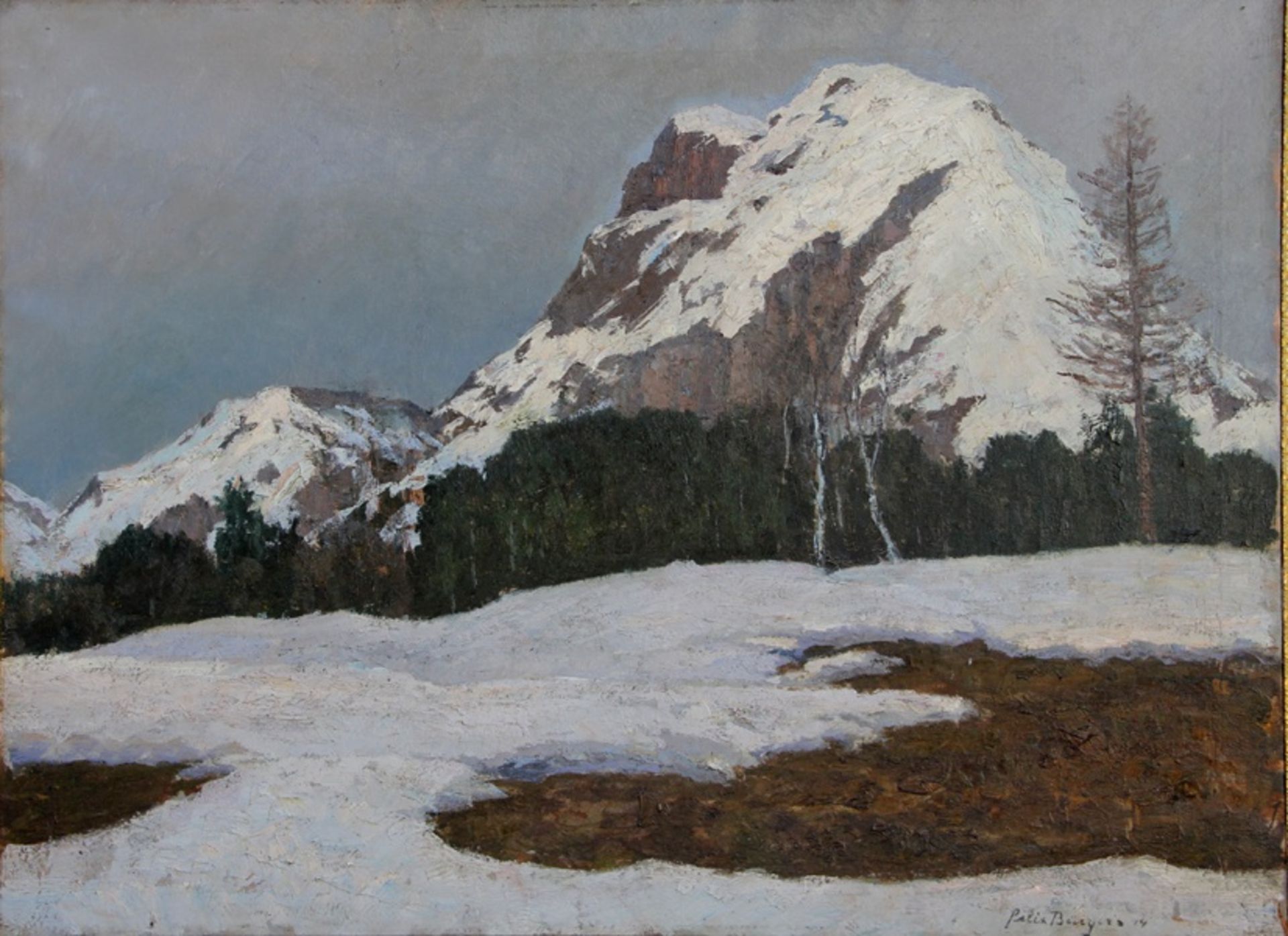 Bürgers, Felix1870-1934, Bergeinsamkeit, stellensweise noch schneebedeckte Gebirgswiese im