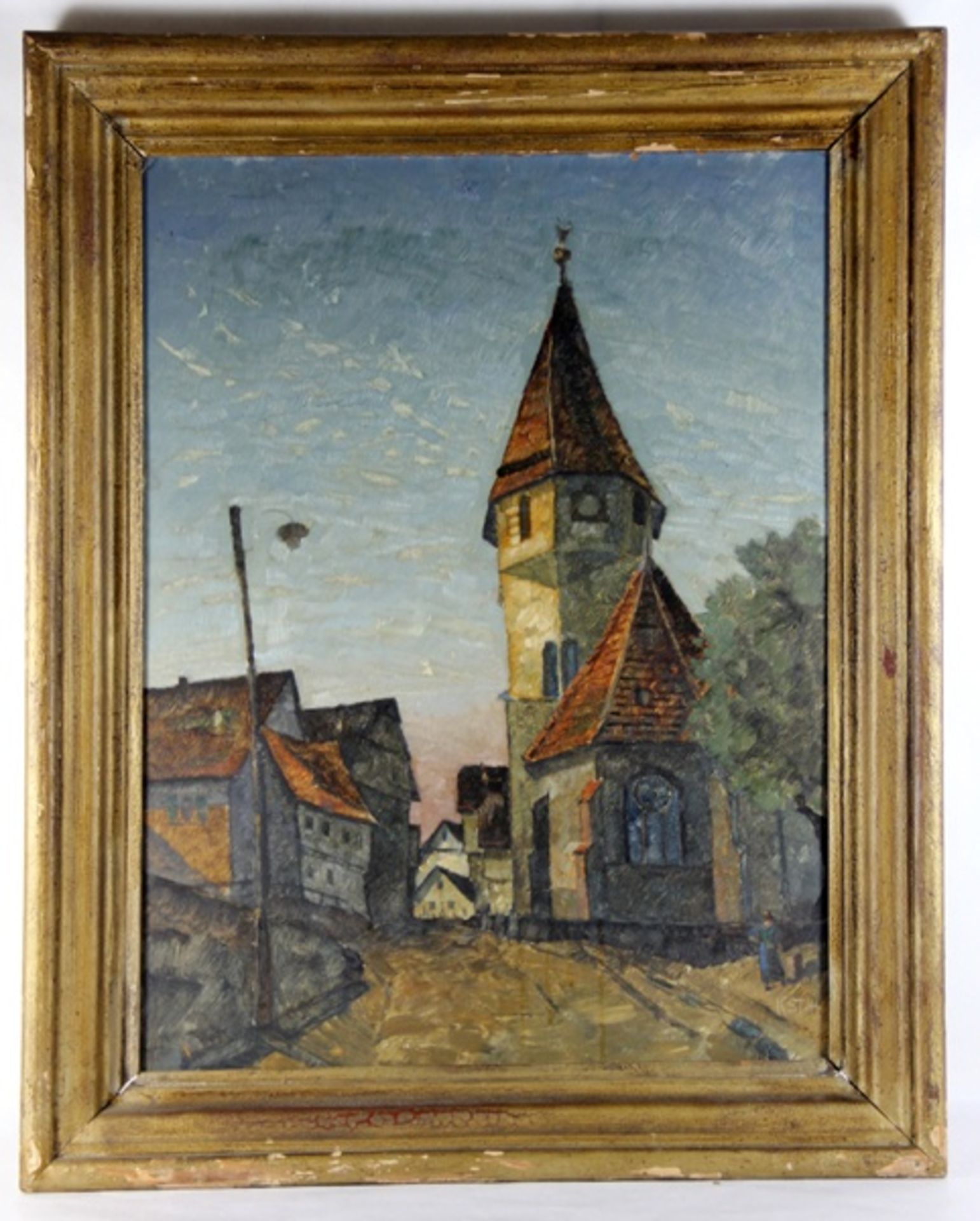 Stretz, Karl1900-1965, Straßenszene in einer Ortschaft im Enzkreis, Blick auf einen Kirchturm, unten