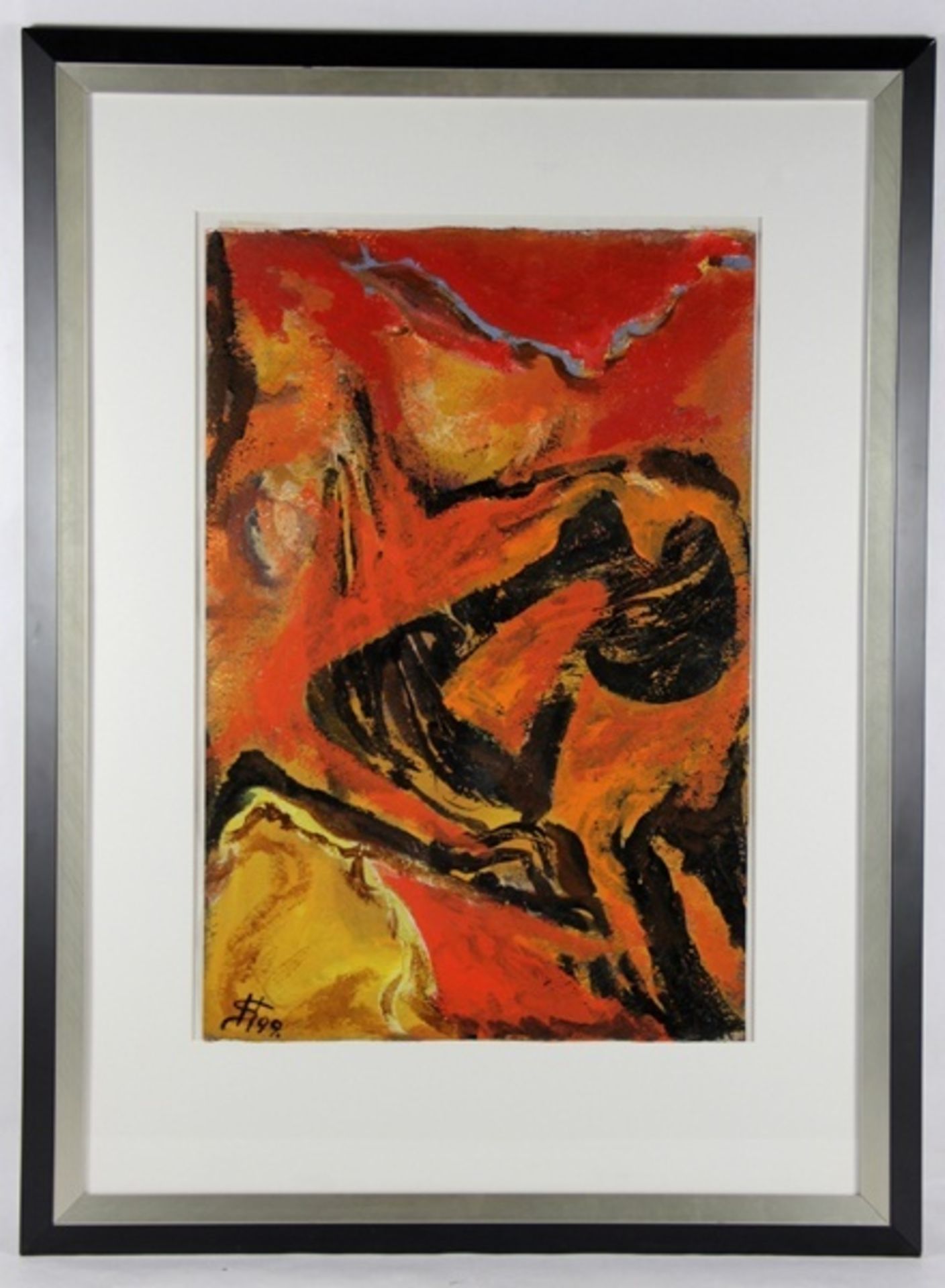 Unbekannter Künstler1999, abstraktes Gemälde in flammenden Farben, unten links ligiertes Monogramm