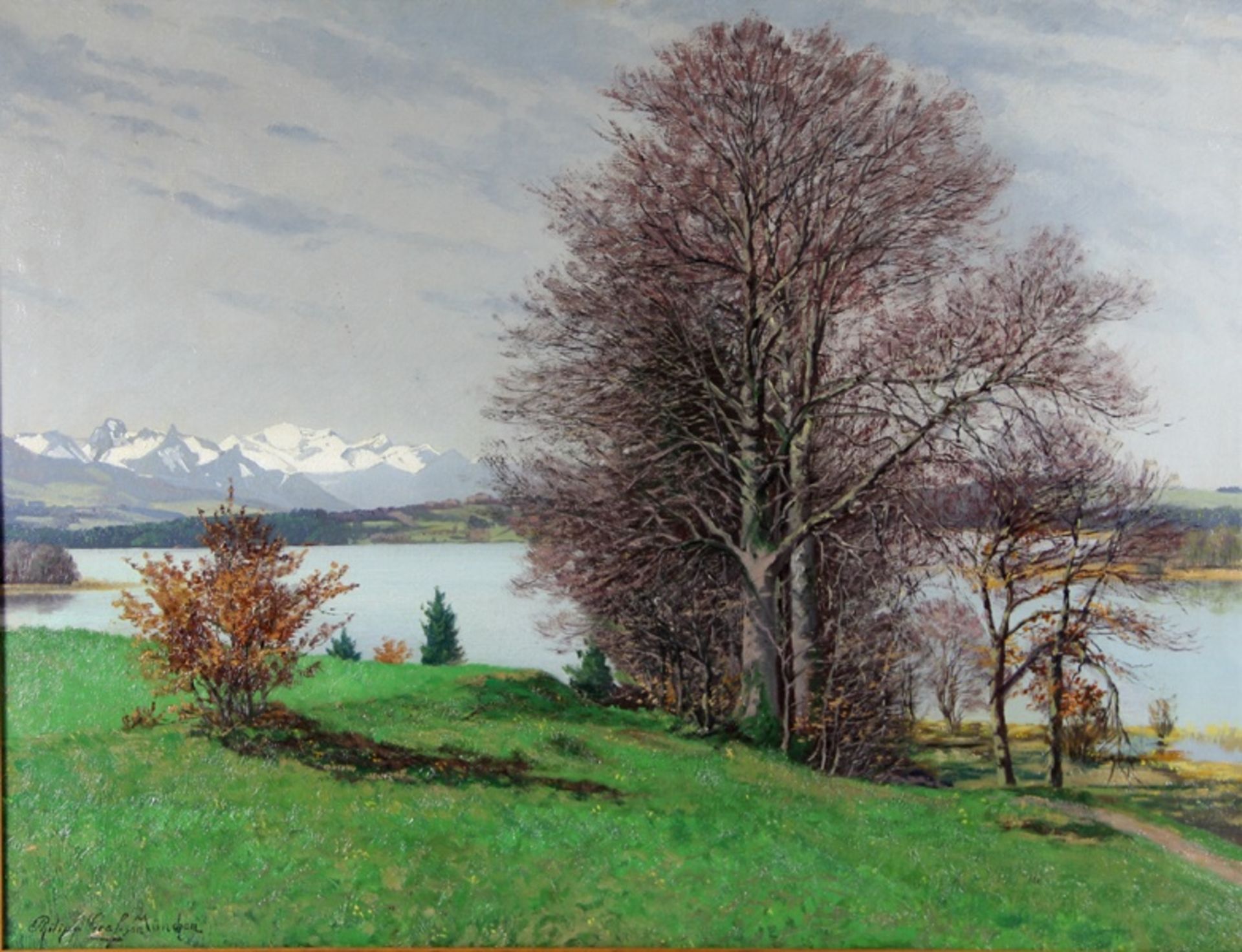 Graf, Philipp1874-1947, Vorfrühling am Chiemsee, Bäume am Seeufer, im Hintergrund Alpenpanorama,