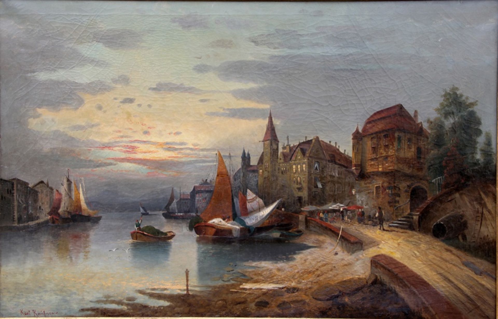 Kaufmann, Karl; zugeschr.1843-1902/05, mittelalterliche Hafenstadt, um Vordergrund Anlegestelle,