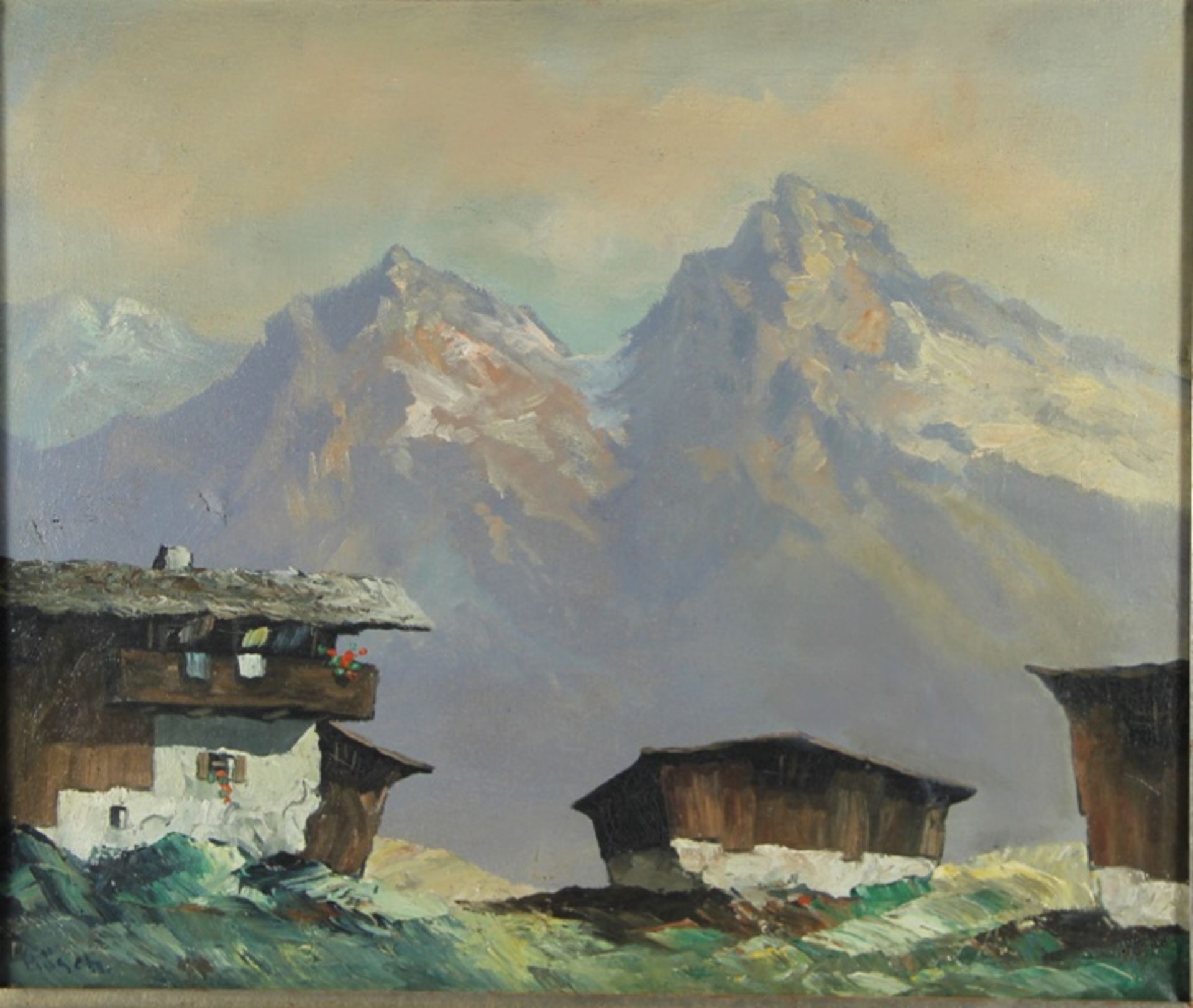 Hösch, Hans1855-1902, Tirol, Gehöft in den Hochalpen, den Hintergrund schließt ein mächtiges