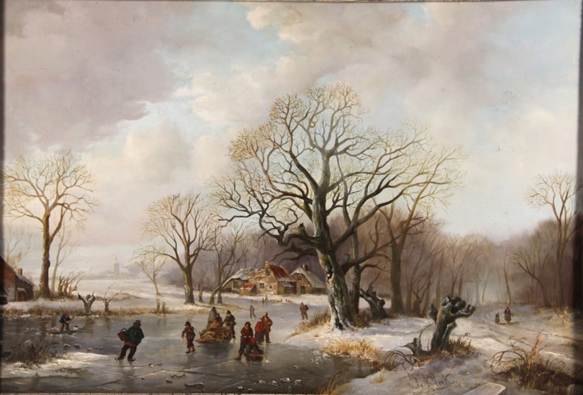 Klerk, Willem de1800-1876, Genreszene, holländische Winterlandschaft, auf einem zugefrorenen