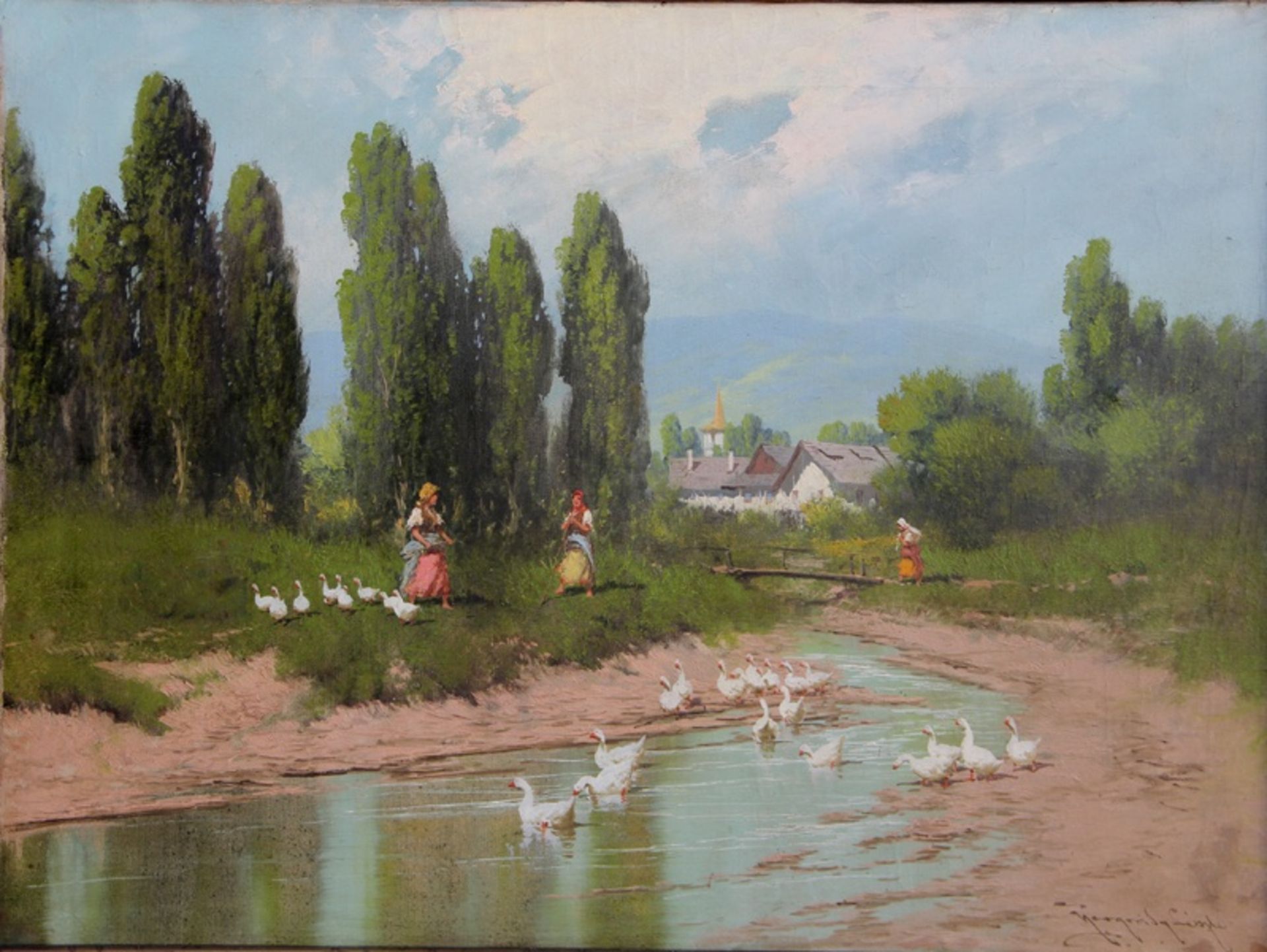 Neogrady, Laszlo1896-1962, Sommertag in einer ungarischen Landschaft, 2 junge Bäuerinnen mit