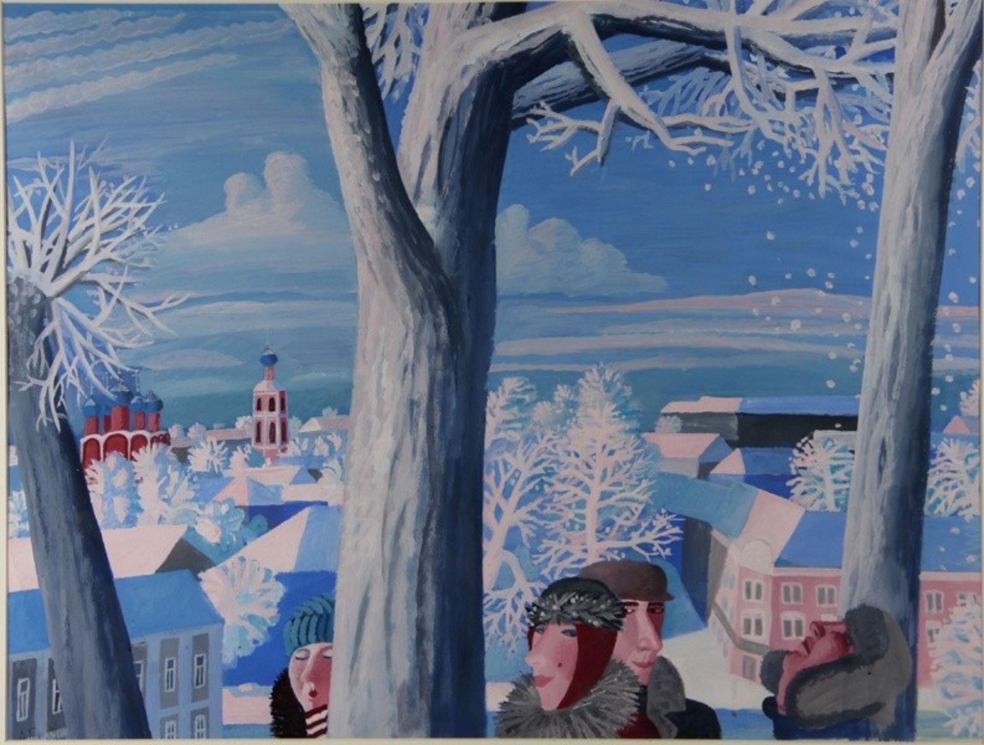 Goryainov, Anatoly 1989, Tempera, Winter in Moskau, Paare unter verschneiten Bäumen, im