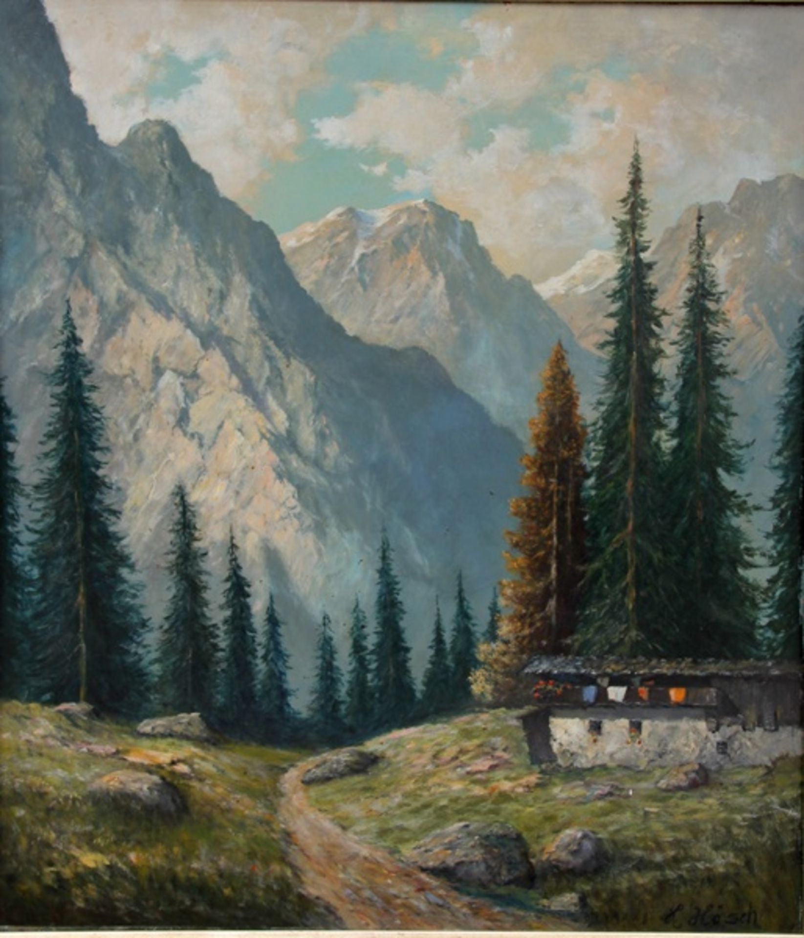 Hösch, Hans1878-?, Bauernhaus unter hohen Tannen im Gebirge, im Hintergrund Berge der Alpen, unten