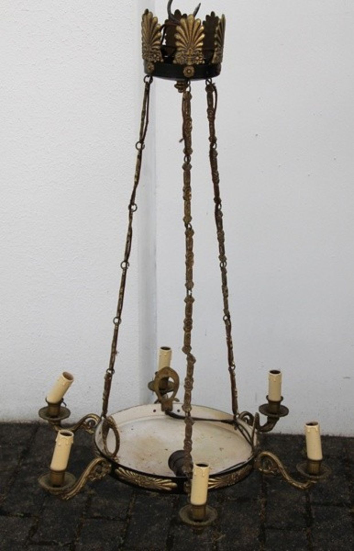 Deckenlampe19. Jhd., dekorative Deckenlampe, 6 Brennstellen an gebogten Armen, Palmettdekor, Gebr.
