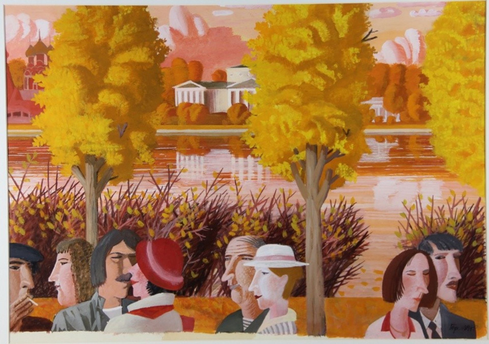 Goryainov, Anatoly 1989, Tempera, Herbst in Moskau, Paare am Flussufer unter Bäumen, im