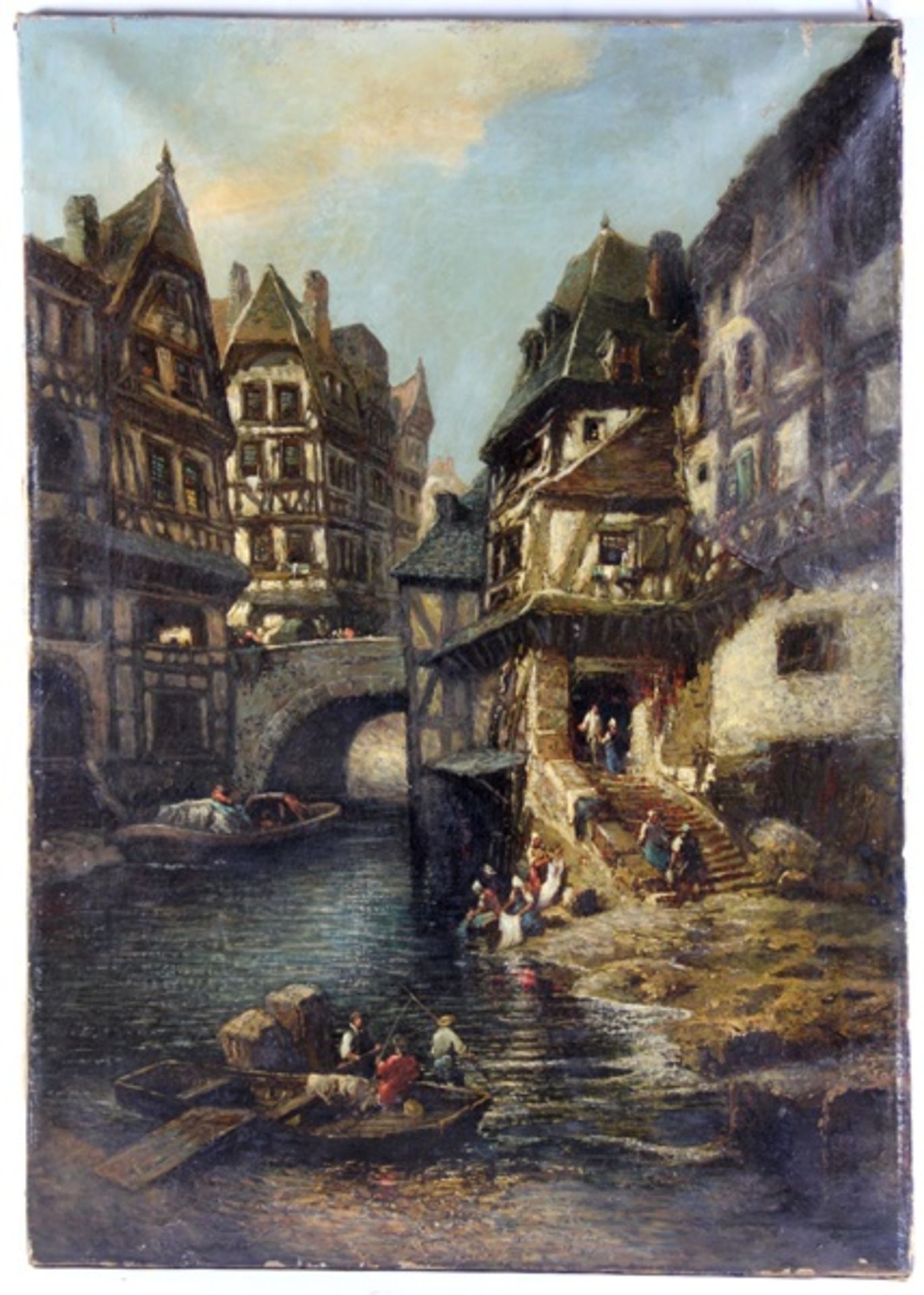 französische Schule19. Jhd., Wäscherinnen an einem Kanal in einer elsässischen Altstadt mit