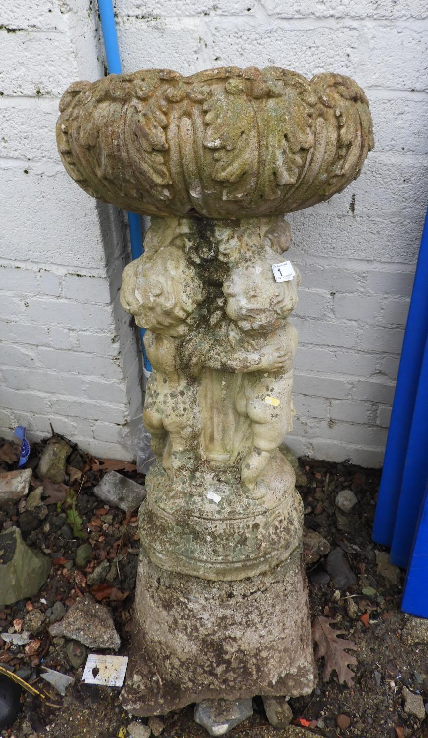 Large Concrete Bird Bath with Cherub Supports