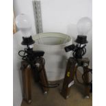 2x Wooden Tripod Lamps with Shades - In Working Order