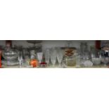 Shelf of Glassware to include Cake Stands, Fruit Bowls, Glasses and Jugs etc