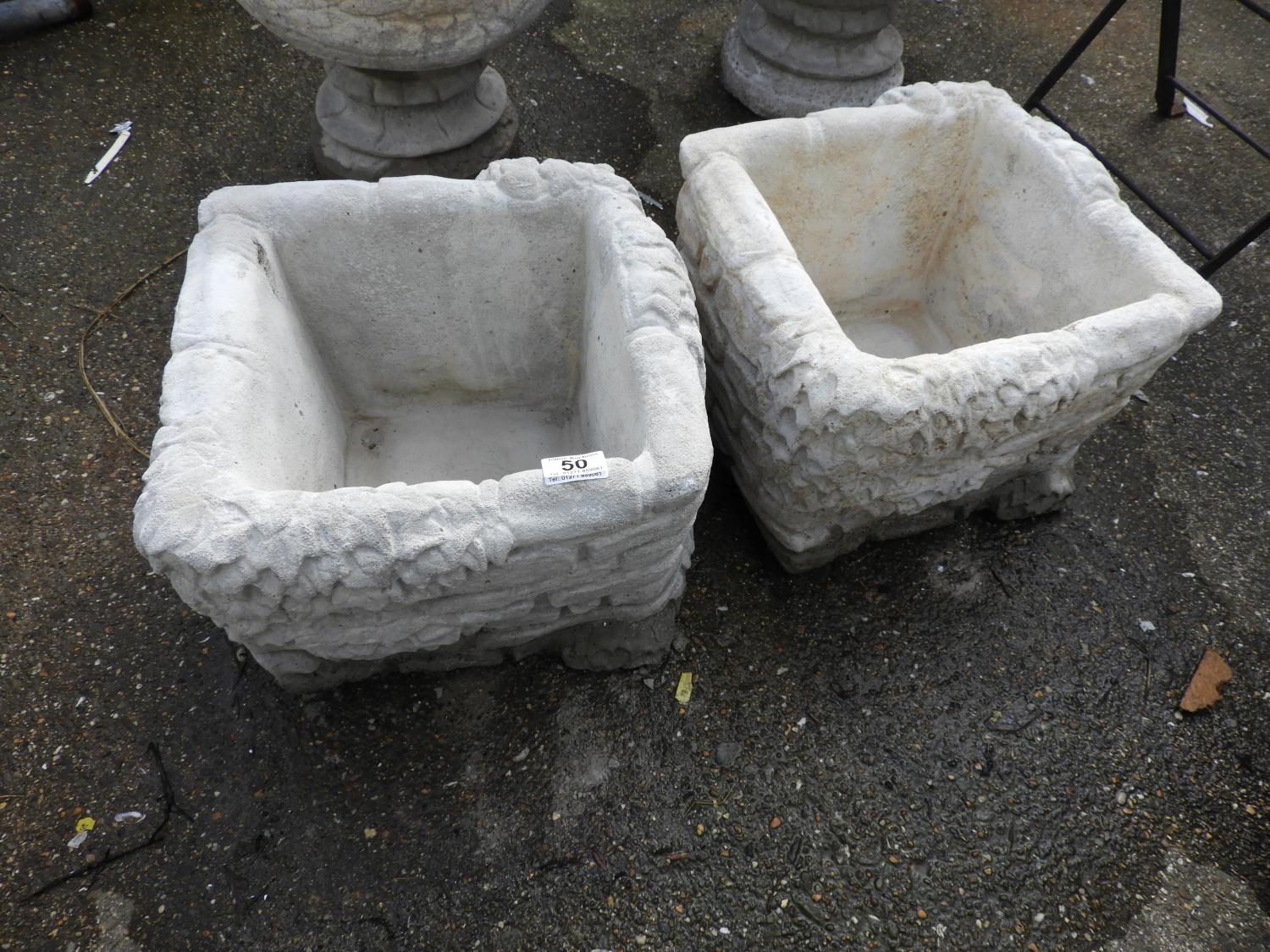 Pair of Concrete Garden Planters - Brick and Ivy