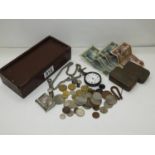 Old Box and Contents - Banknotes, Coins etc