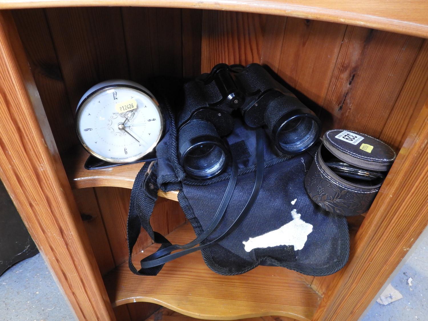 Alarm Clock, Travelling Clock and Pair of Binoculars