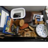 Box of Misc - Hip Flask, Leather Bag, Books etc