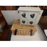 Wicker Hamper and Small Set of Drawers