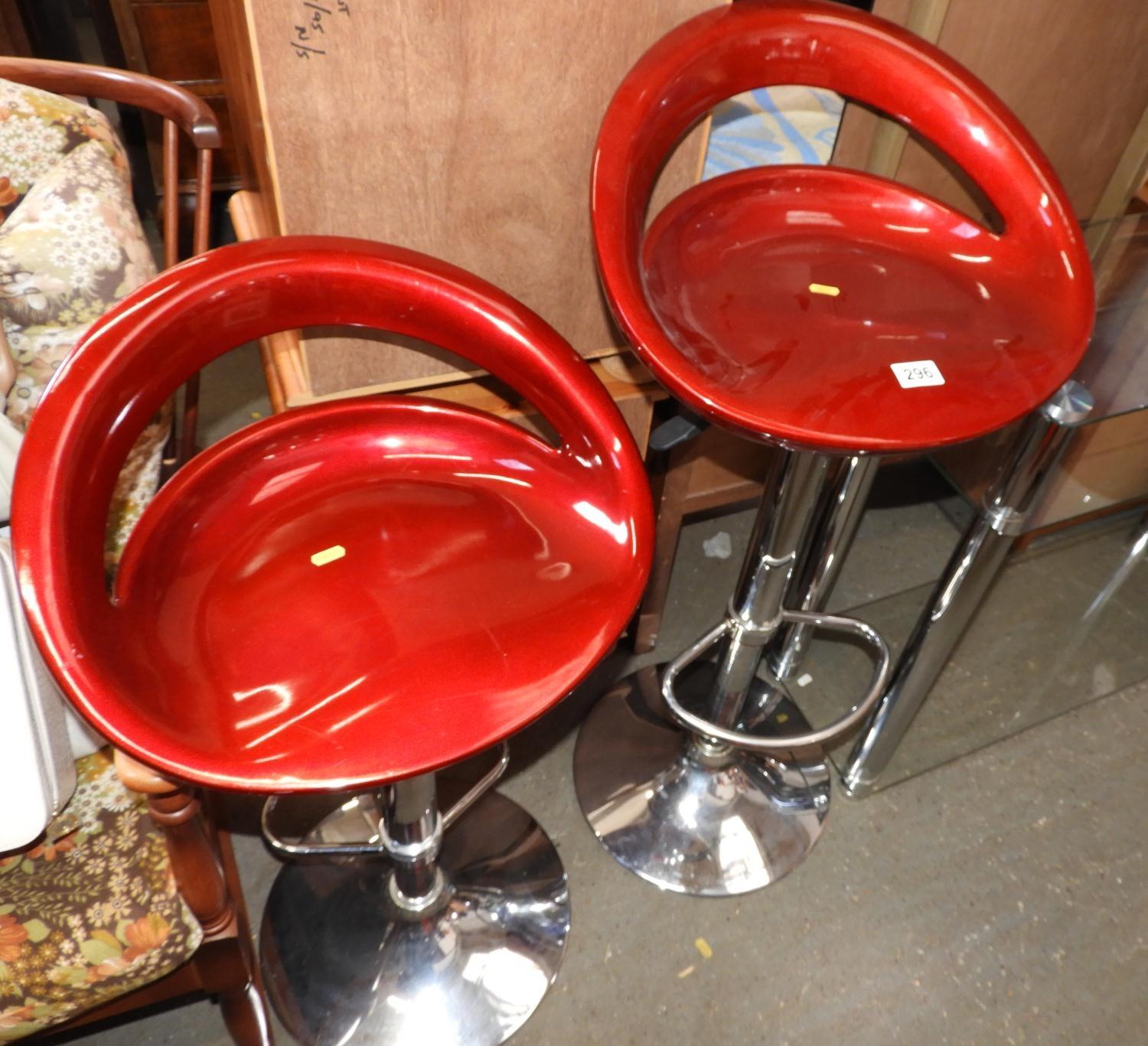Pair of Red and Chrome Rise and Fall Stools