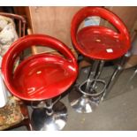 Pair of Red and Chrome Rise and Fall Stools