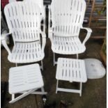 Pair of Plastic Folding Sun Loungers with Footstools/Tables and Cushions (inside)