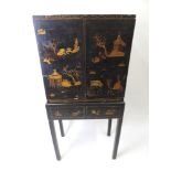 Ebonised Chinoiserie Chinese Hand Painted Side Cabinet on Stand - Two Drawers to Base - Three over