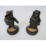 Pair of Bronze Figurine Inkwells Raised on Marble Plinths - 13cm High