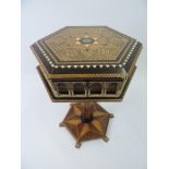 Inlaid Hexagonal Work Box with Carved Detail and Key - 53cm High