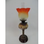 Victorian Brass and Glass Oil Lamp with Etched Glass Shade - Overall Height with Chimney 70cm