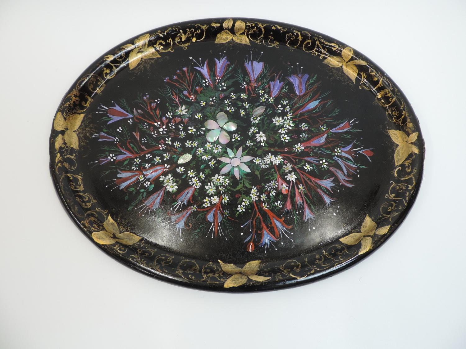 Hand Painted Paper Mache Tray with Mother of Pearl Inlay - 60cm Across