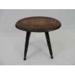 Small Oak Oval Carved Four Legged Stool - 35cm Across x 38cm High