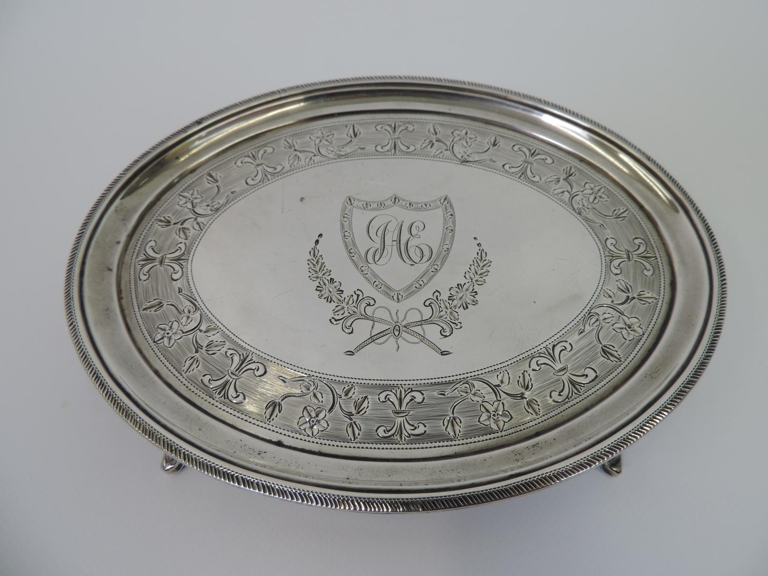 Four Footed Oval Silver Salver with Later Engraved Decoration - London 1799 - 17cm Across - 130gms