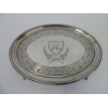 Four Footed Oval Silver Salver with Later Engraved Decoration - London 1799 - 17cm Across - 130gms
